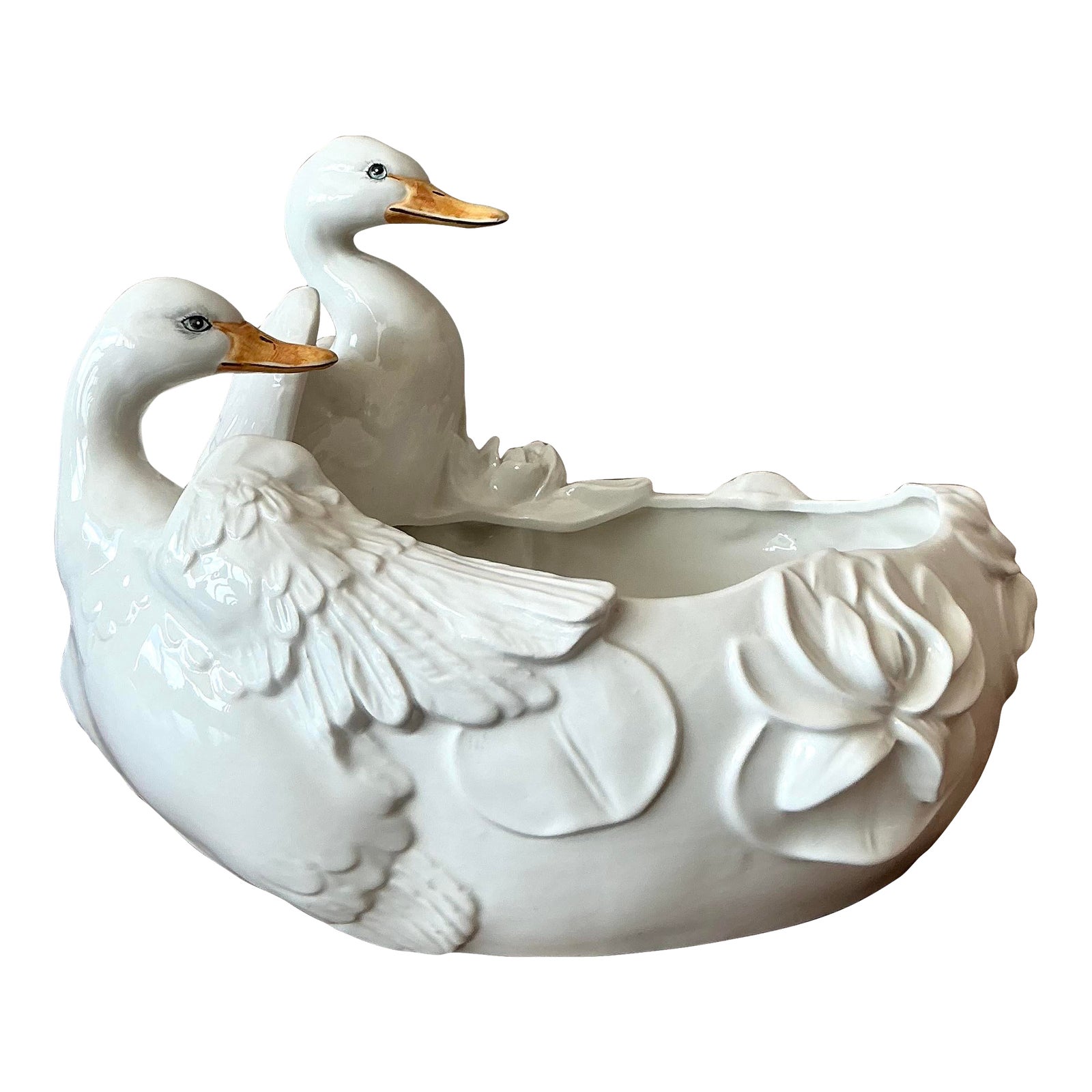 Vintage Regency Glazed Ceramic Ducks Centerpiece Bowl