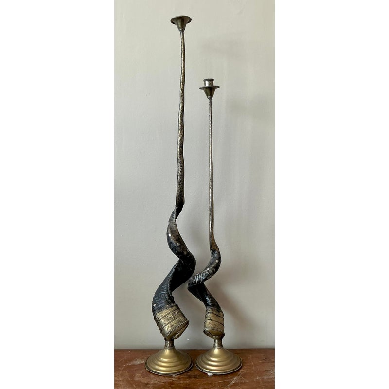 Vintage Boho Twisted Horn Candlesticks - Set of 2 - Side view