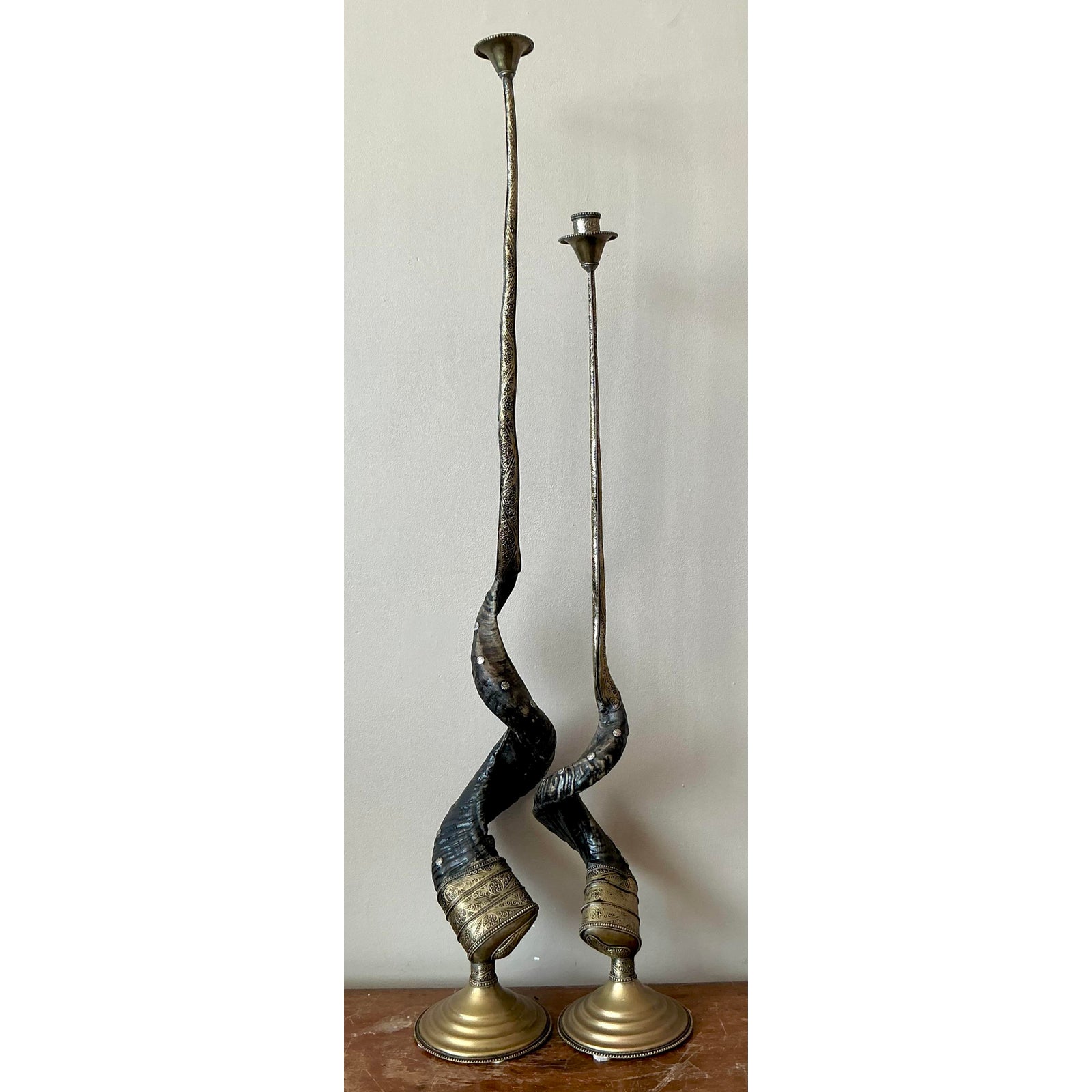 Vintage Boho Twisted Horn Candlesticks - Set of 2 - Detail view