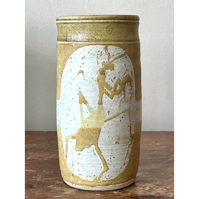 Vintage Boho Praying Mantis Studio Pottery Vase - Back view