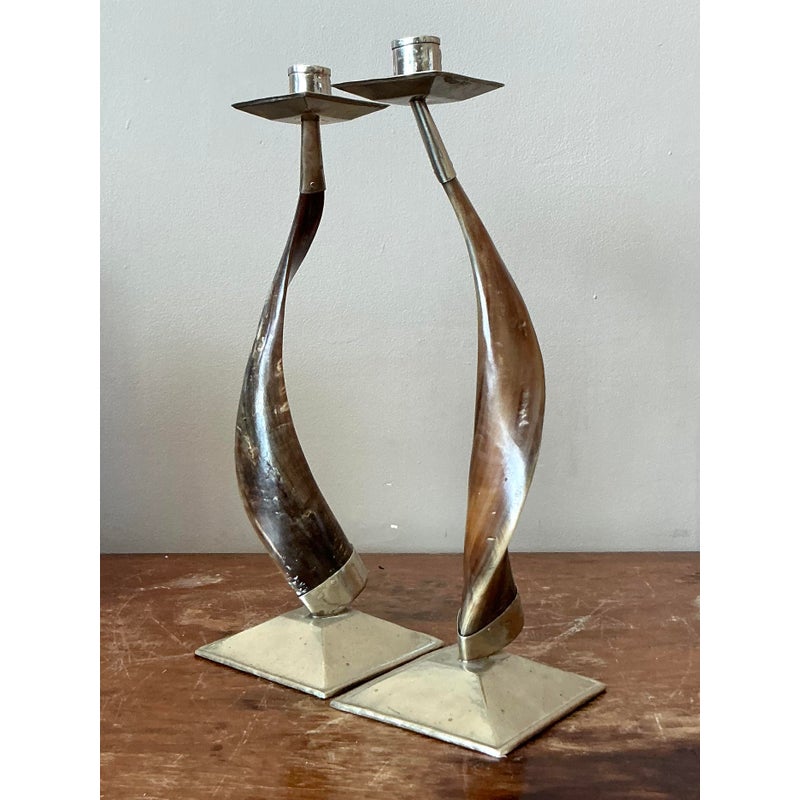 Vintage Boho Twisted Horn Candlesticks - A Pair - Detail view