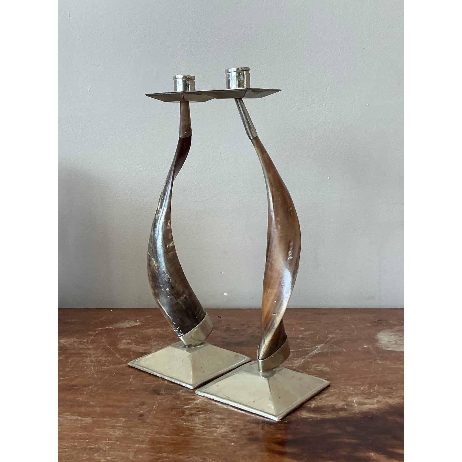 Vintage Boho Twisted Horn Candlesticks - A Pair - Side view