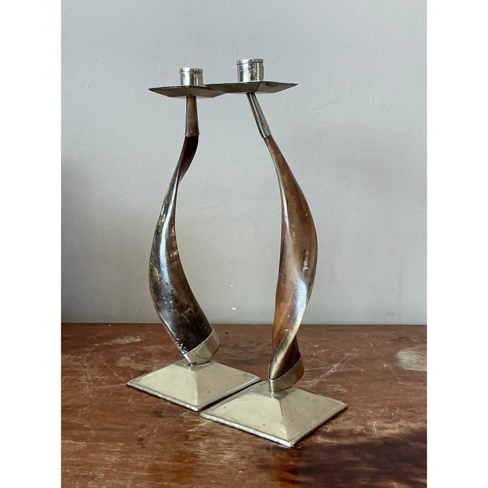 Vintage Boho Twisted Horn Candlesticks - A Pair - Back view