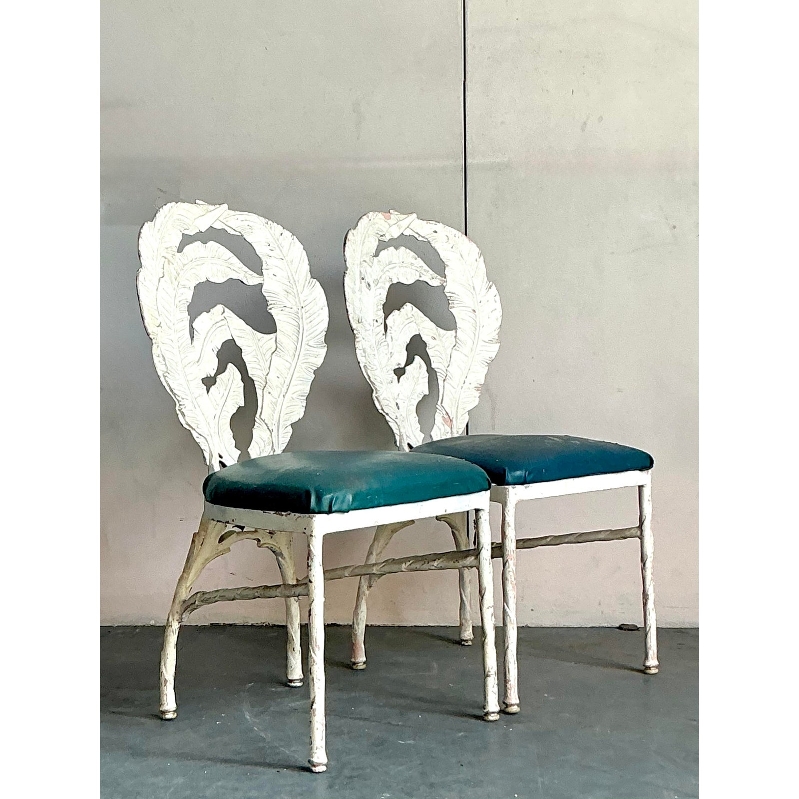Vintage Boho Banana Leaf Cast Aluminum Dining Chairs - A Pair - Top view