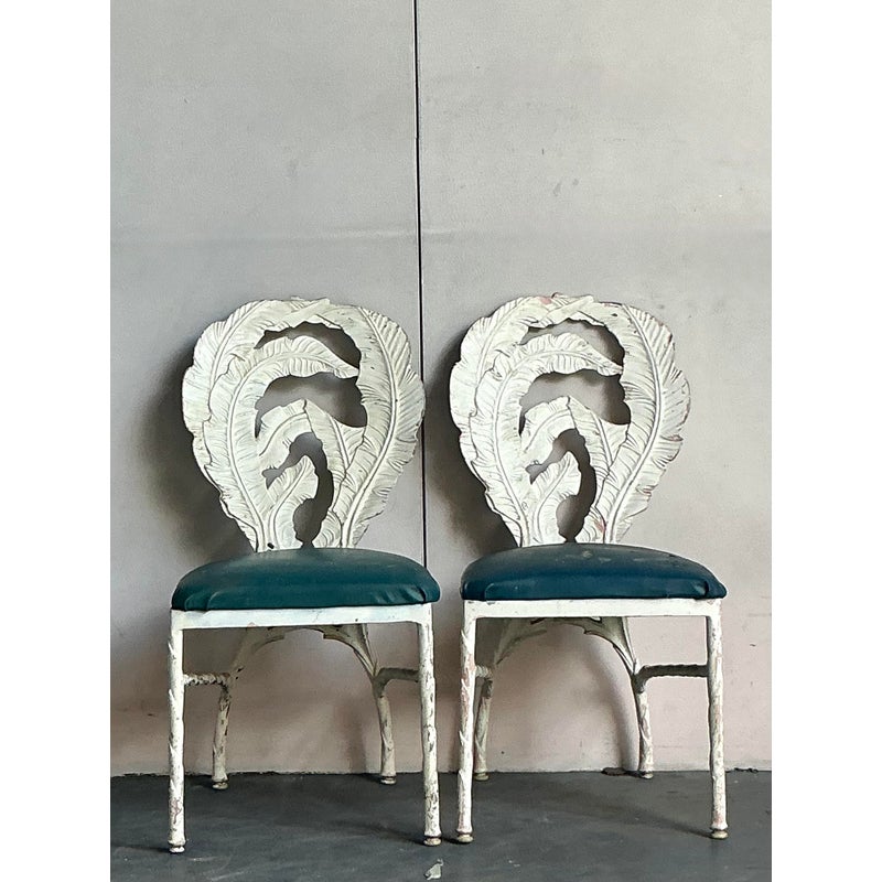 Vintage Boho Banana Leaf Cast Aluminum Dining Chairs - A Pair - Side view