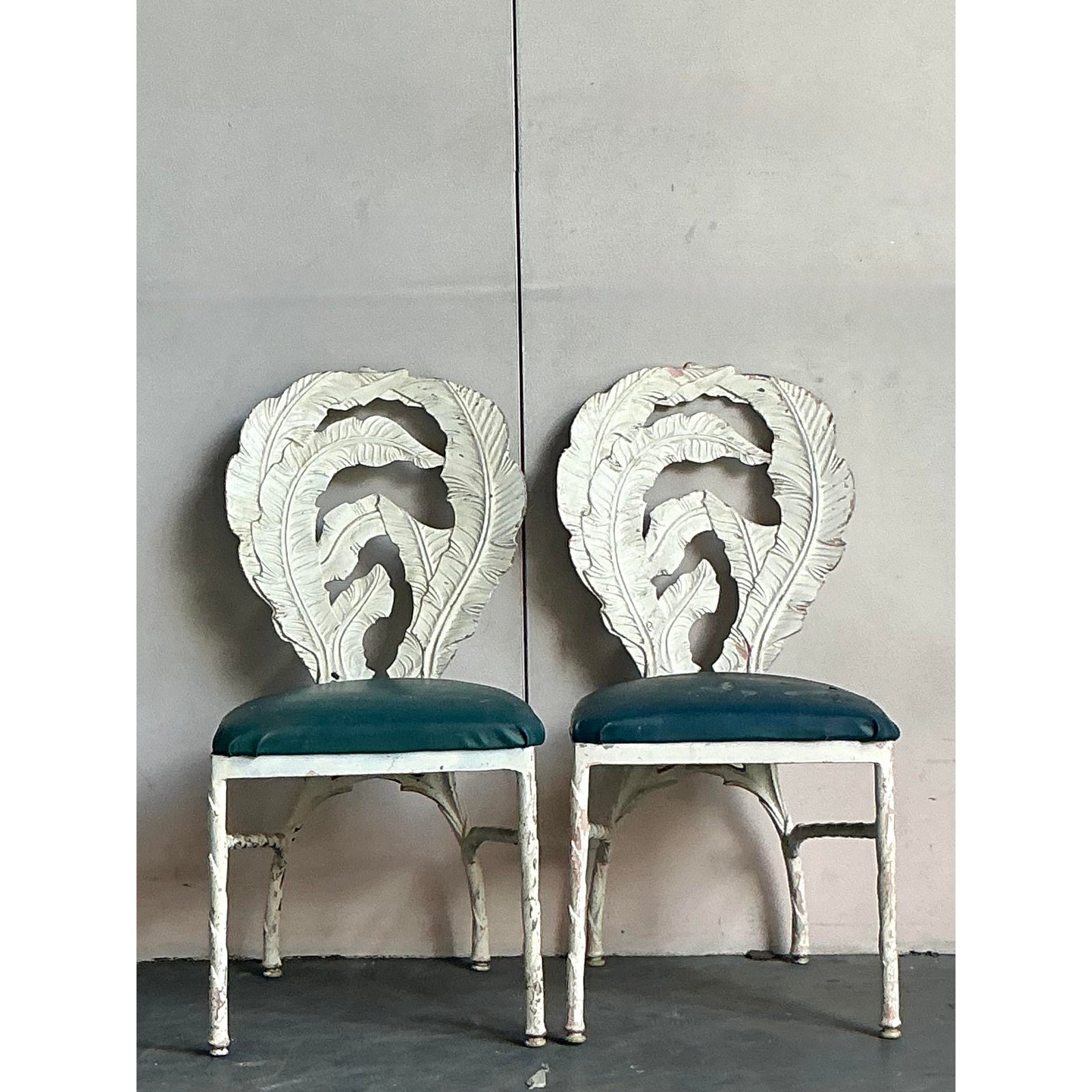 Vintage Boho Banana Leaf Cast Aluminum Dining Chairs - A Pair - Detail view