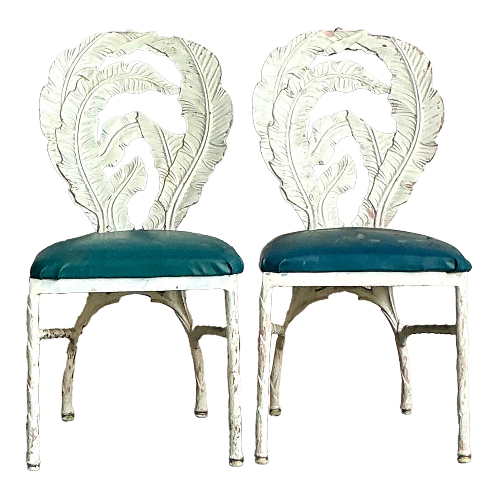 Vintage Boho Banana Leaf Cast Aluminum Dining Chairs - A Pair