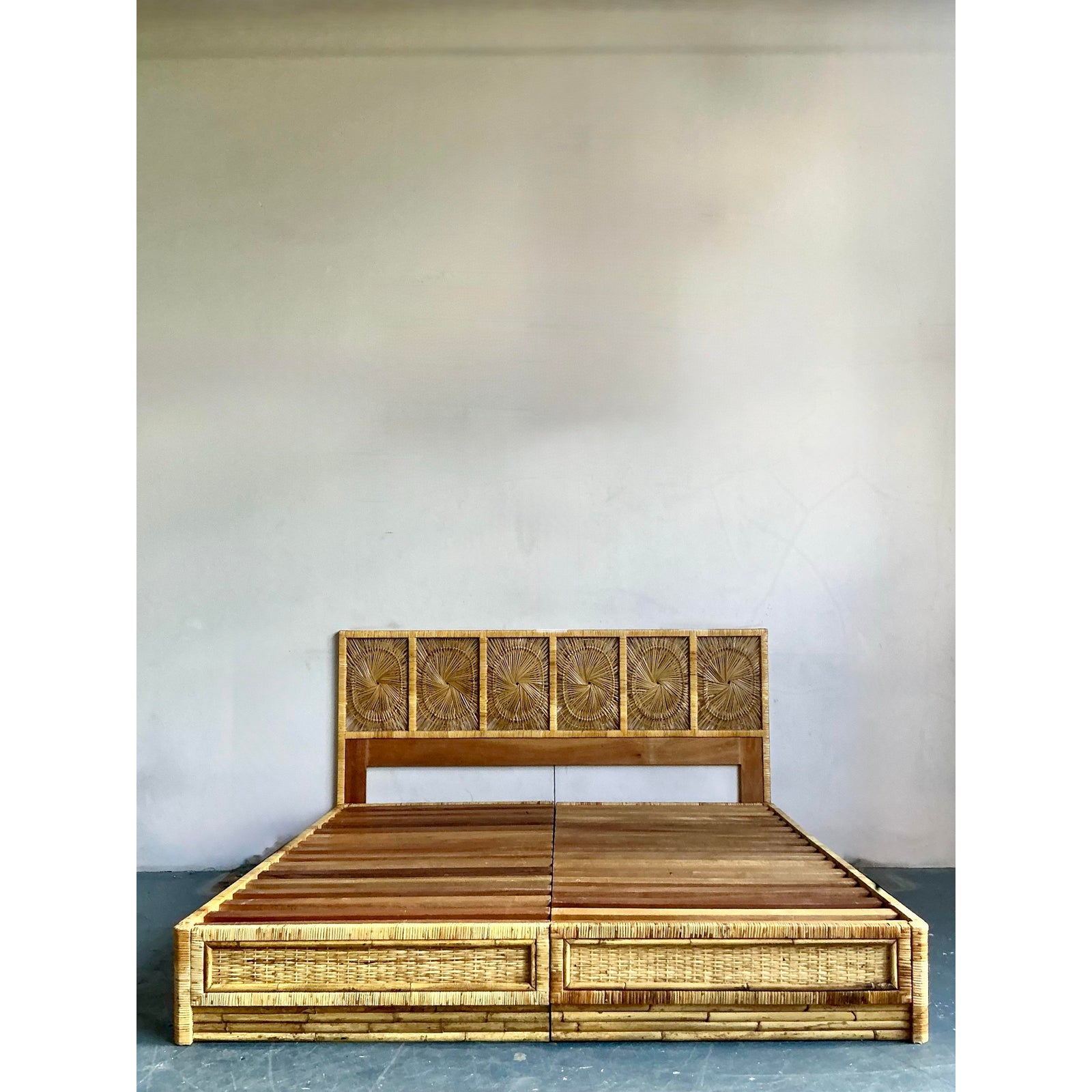 Vintage Coastal Sunburst Rattan King Platform Bed - Side view