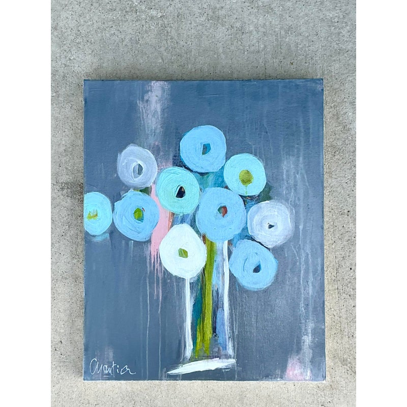 Vintage Boho Original Abstract Floral Oil Painting on Board - Side view