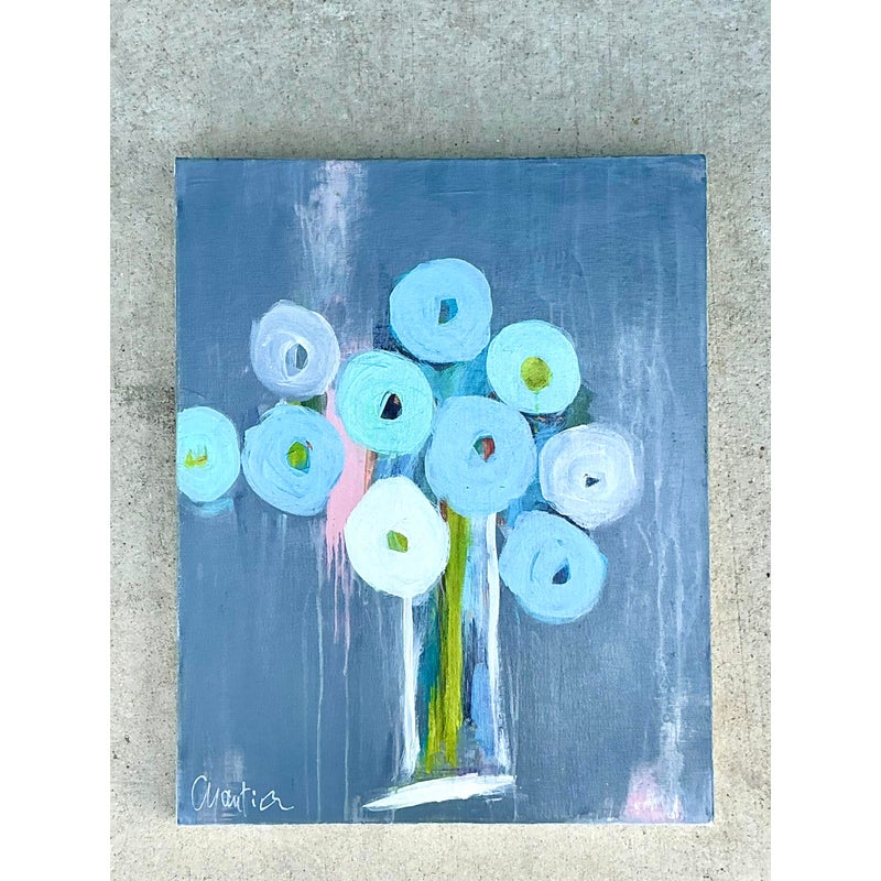 Vintage Boho Original Abstract Floral Oil Painting on Board - Top view