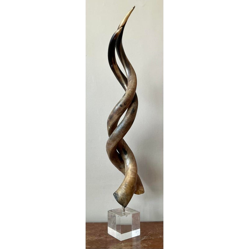 Vintage Boho Twisted Horn Sculpture on Lucite - Side view