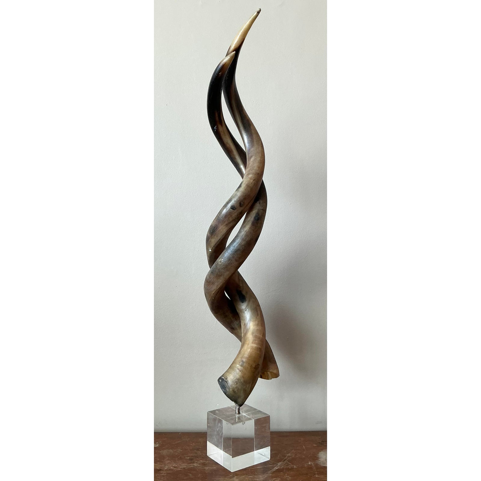 Vintage Boho Twisted Horn Sculpture on Lucite - Top view