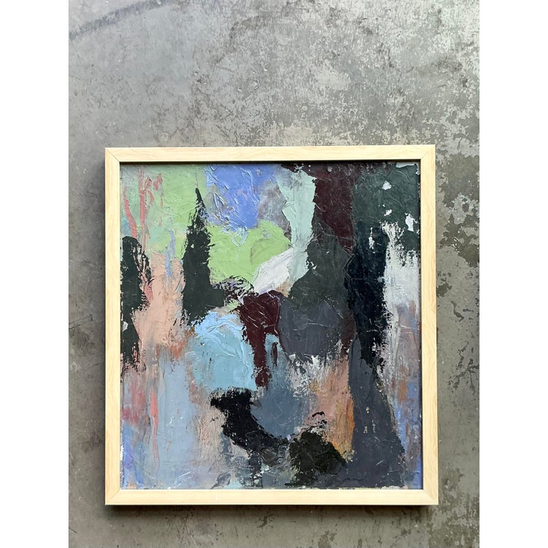 Vintage Boho Original Abstract Oil Painting on Canvas - Detail view