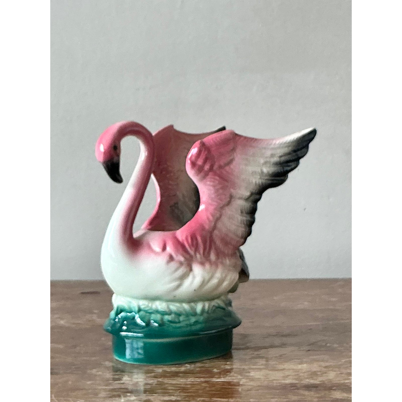 Vintage MCM Glazed Ceramic Flamingo Planter - Detail view