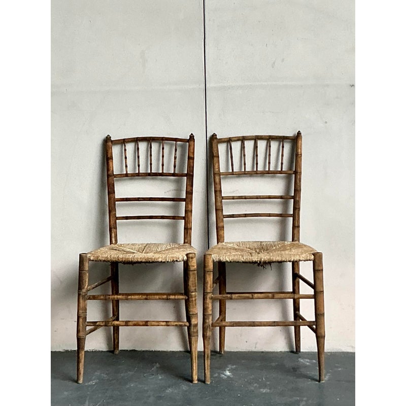 Vintage Patinated Rush Seat Charvari Chairs - A Pair - Top view