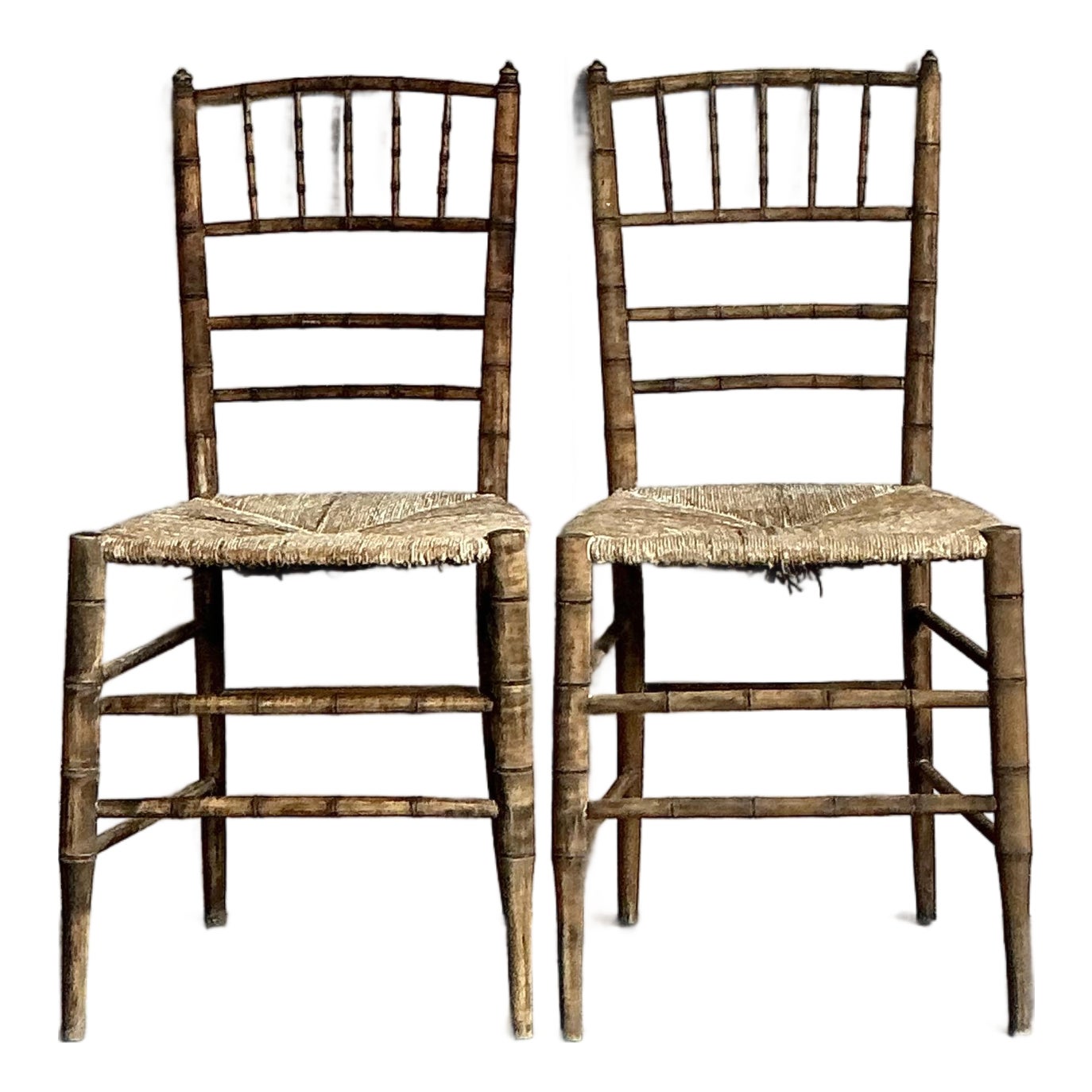 Vintage Patinated Rush Seat Charvari Chairs - A Pair