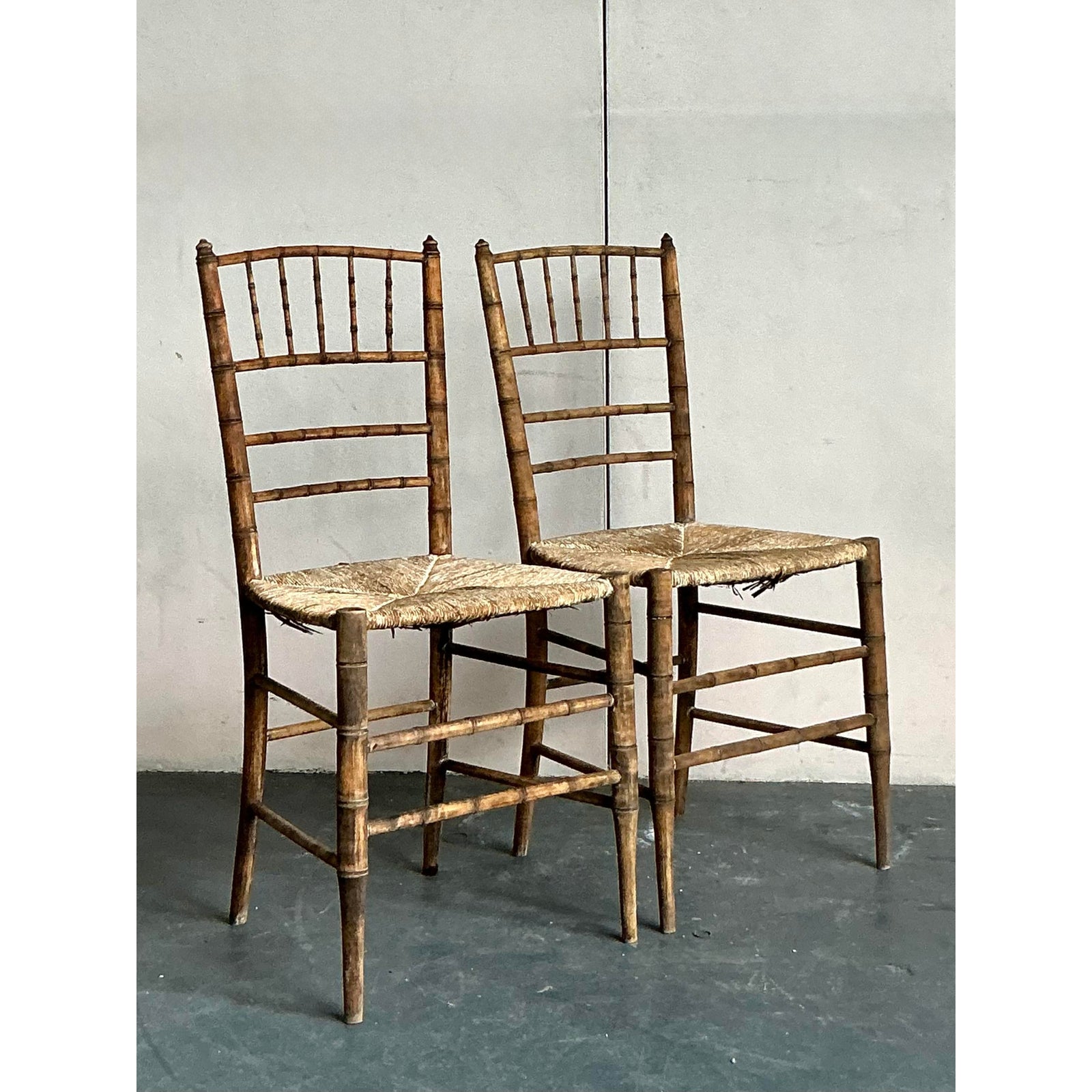 Vintage Patinated Rush Seat Charvari Chairs - A Pair - Back view