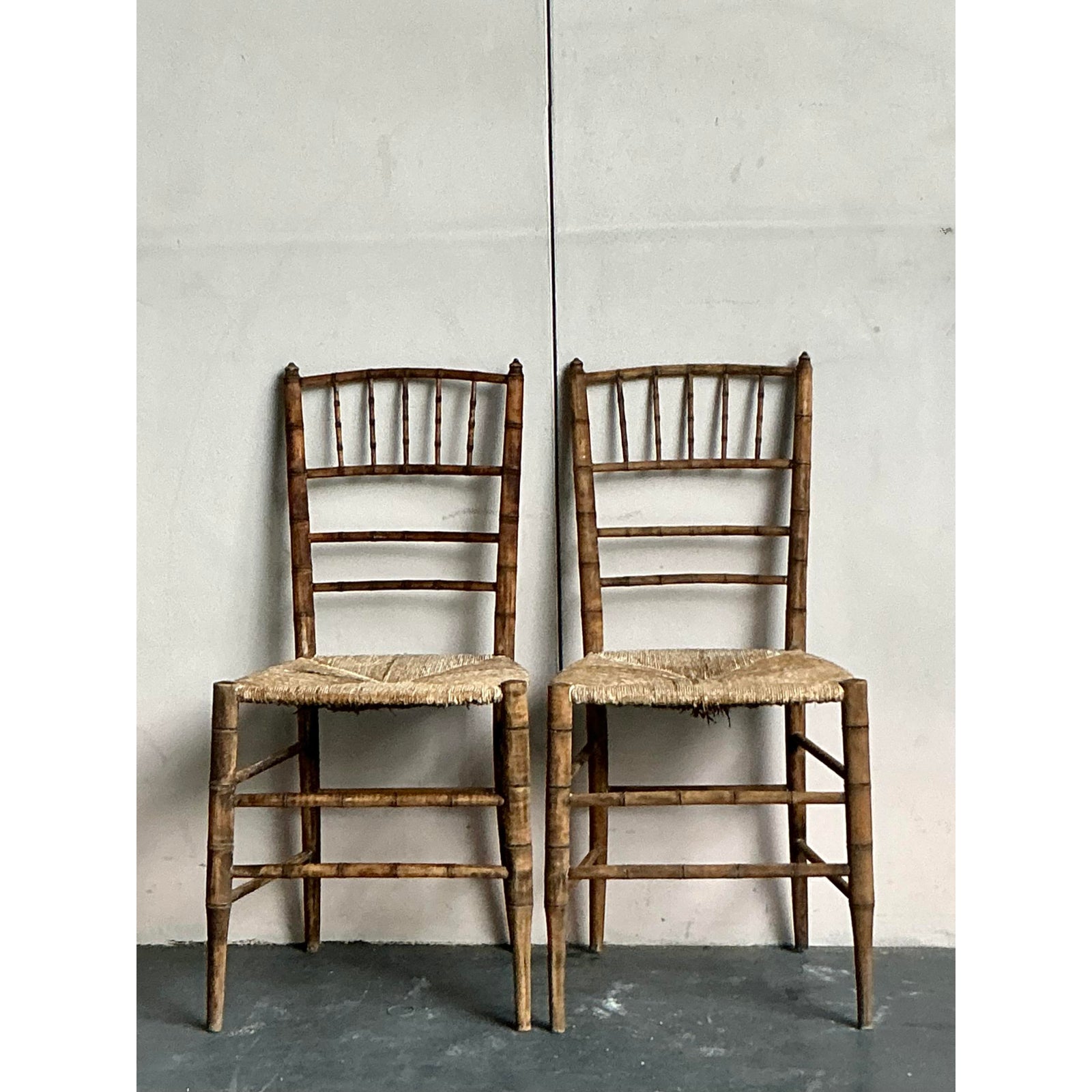 Vintage Patinated Rush Seat Charvari Chairs - A Pair - Detail view
