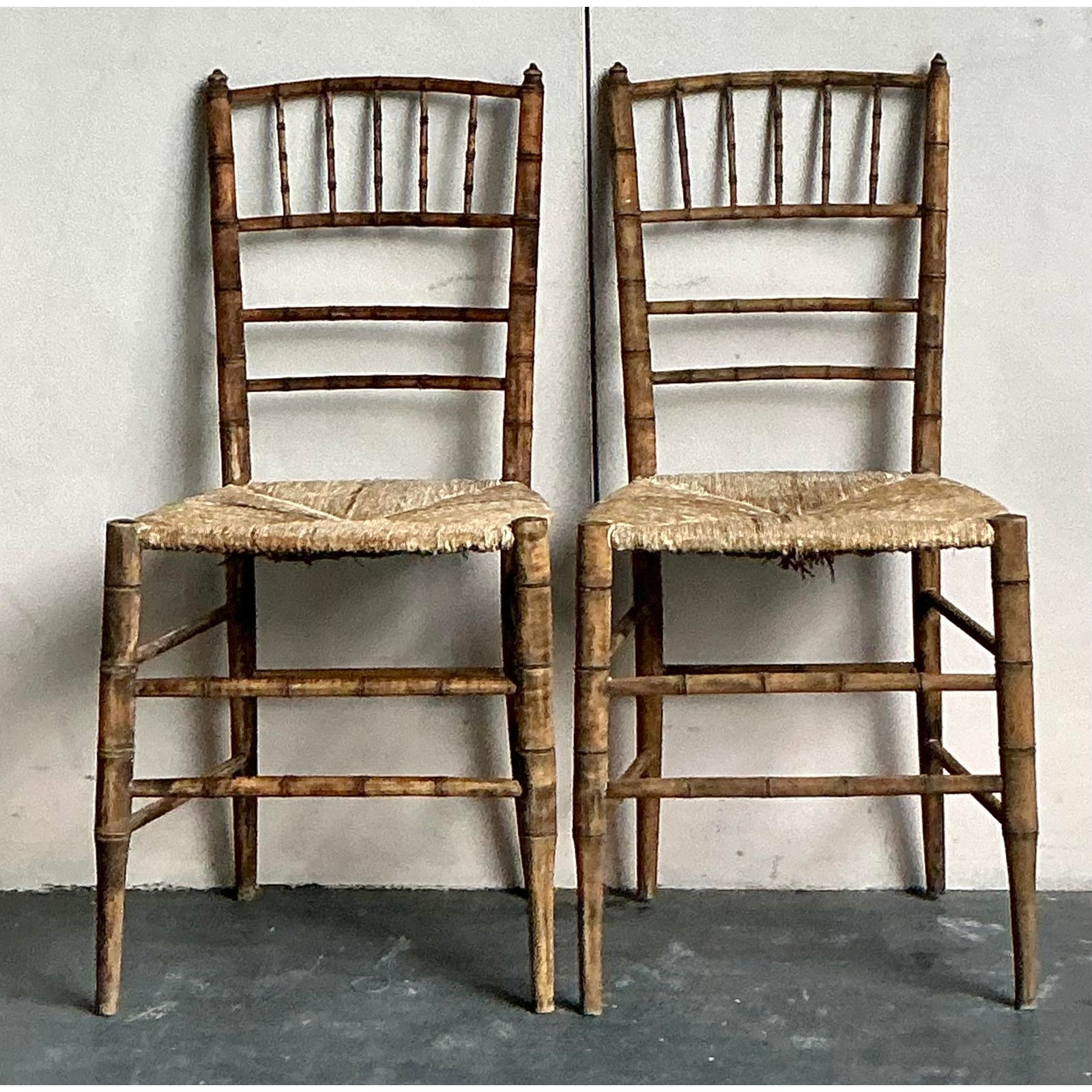 Vintage Patinated Rush Seat Charvari Chairs - A Pair - Side view