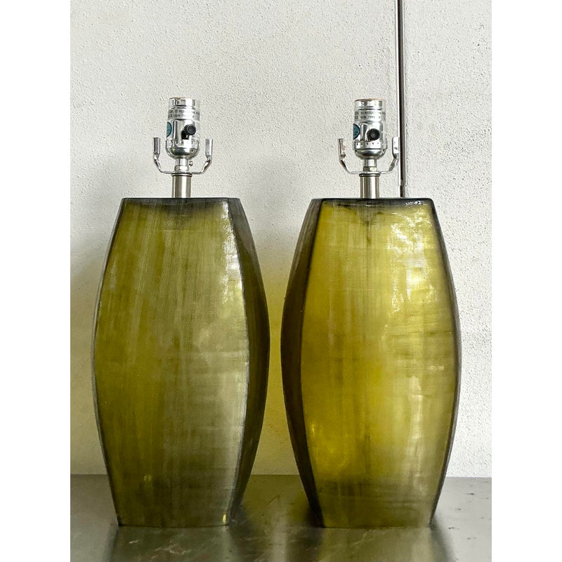 Vintage Boho Original Etched Glass Lamps After Donghia - A Pair - Side view