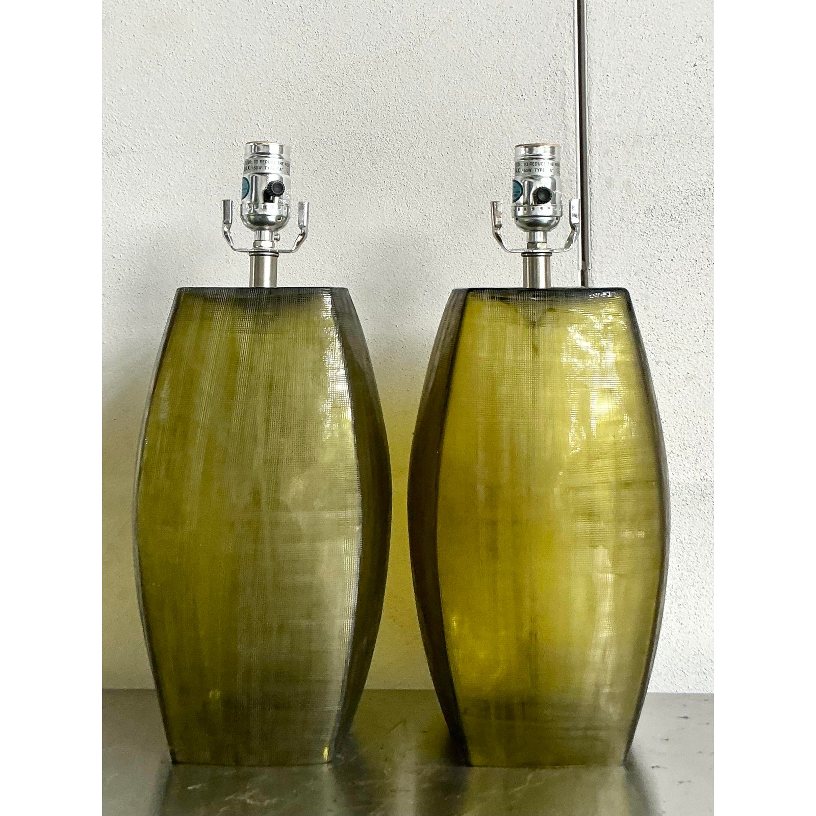 Vintage Boho Original Etched Glass Lamps After Donghia - A Pair - Detail view