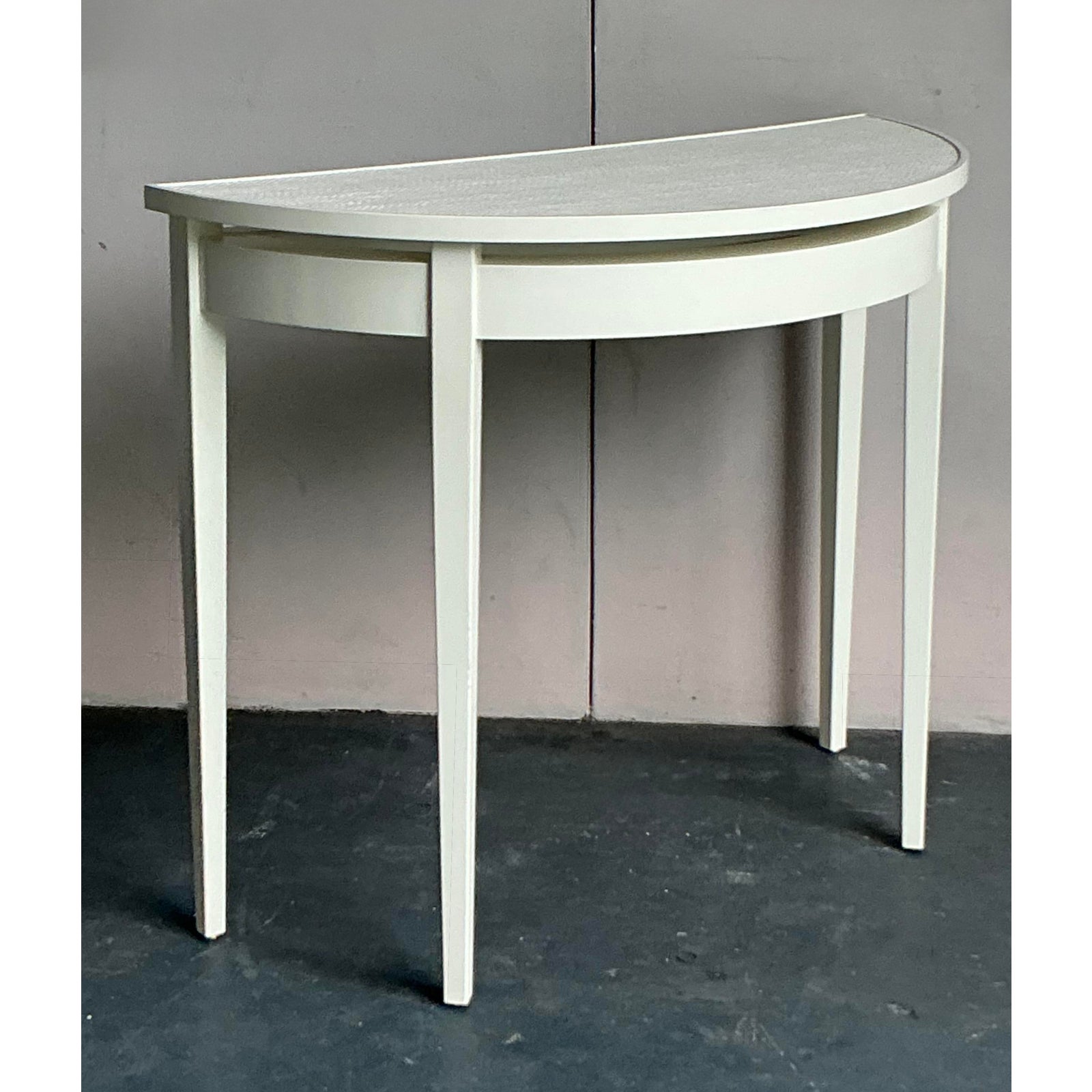 Vintage Regency Lacquered Grasscloth Demilune Table - Back view