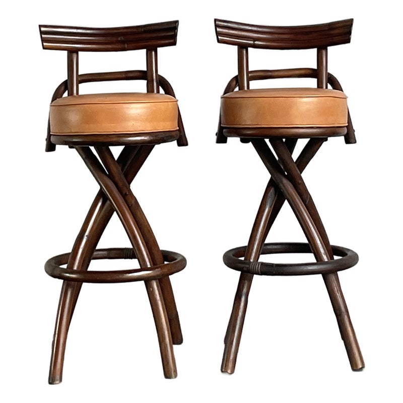 Vintage Boho Bent Rattan Bar Stools - A Pair