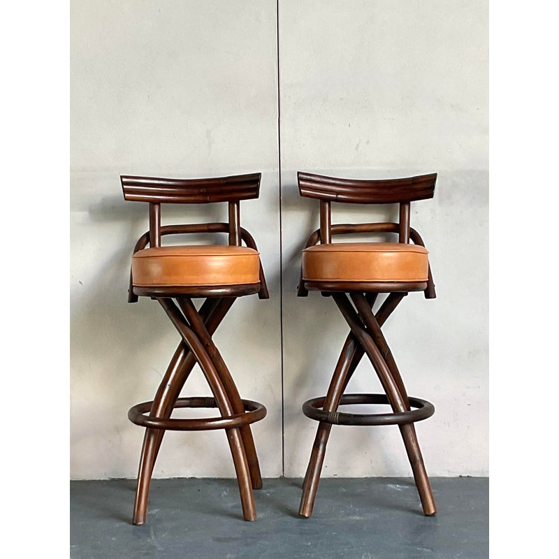 Vintage Boho Bent Rattan Bar Stools - A Pair - Detail view