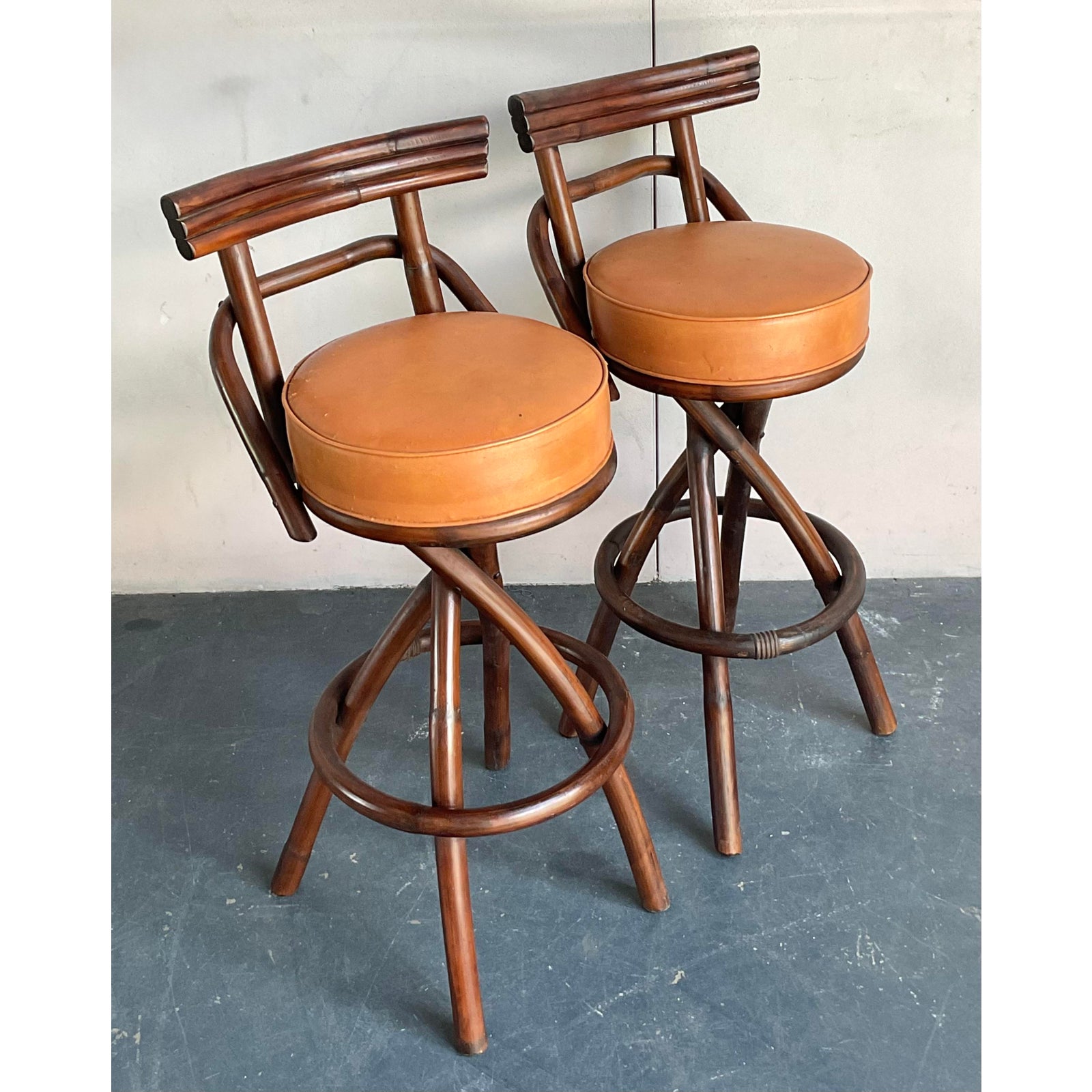 Vintage Boho Bent Rattan Bar Stools - A Pair - Back view