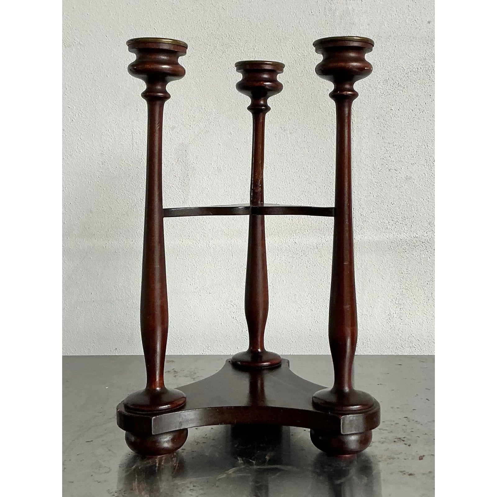 Vintage Boho Tripod Polished Mahogany Candlestick - Back view