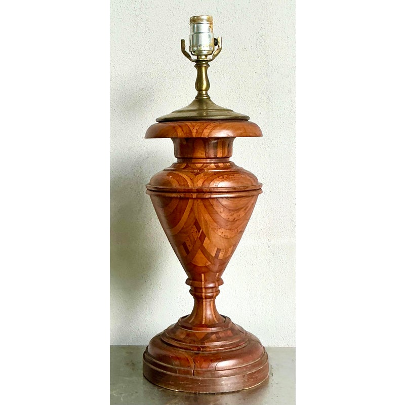 Vintage Boho Marquetry Wood Lamp - Back view