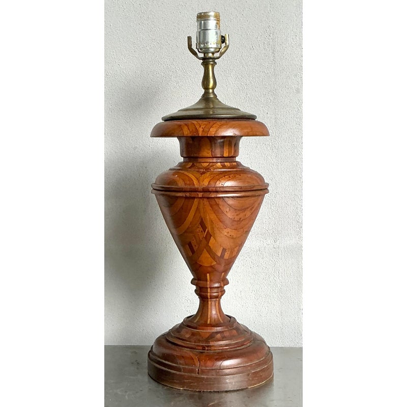 Vintage Boho Marquetry Wood Lamp - Top view
