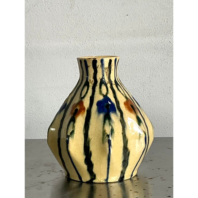 Vintage Boho French Glazed Ceramic Vase - Top view