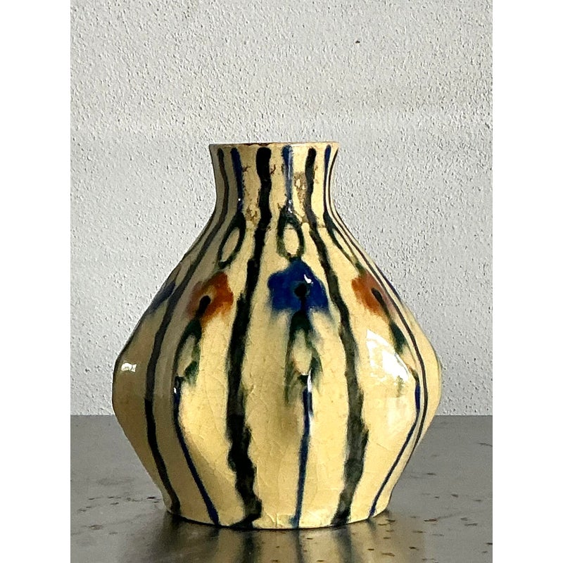 Vintage Boho French Glazed Ceramic Vase - Back view