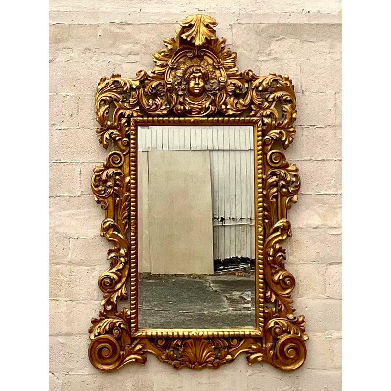 Vintage Boho Monumental Carved Gilt Mirror - Top view