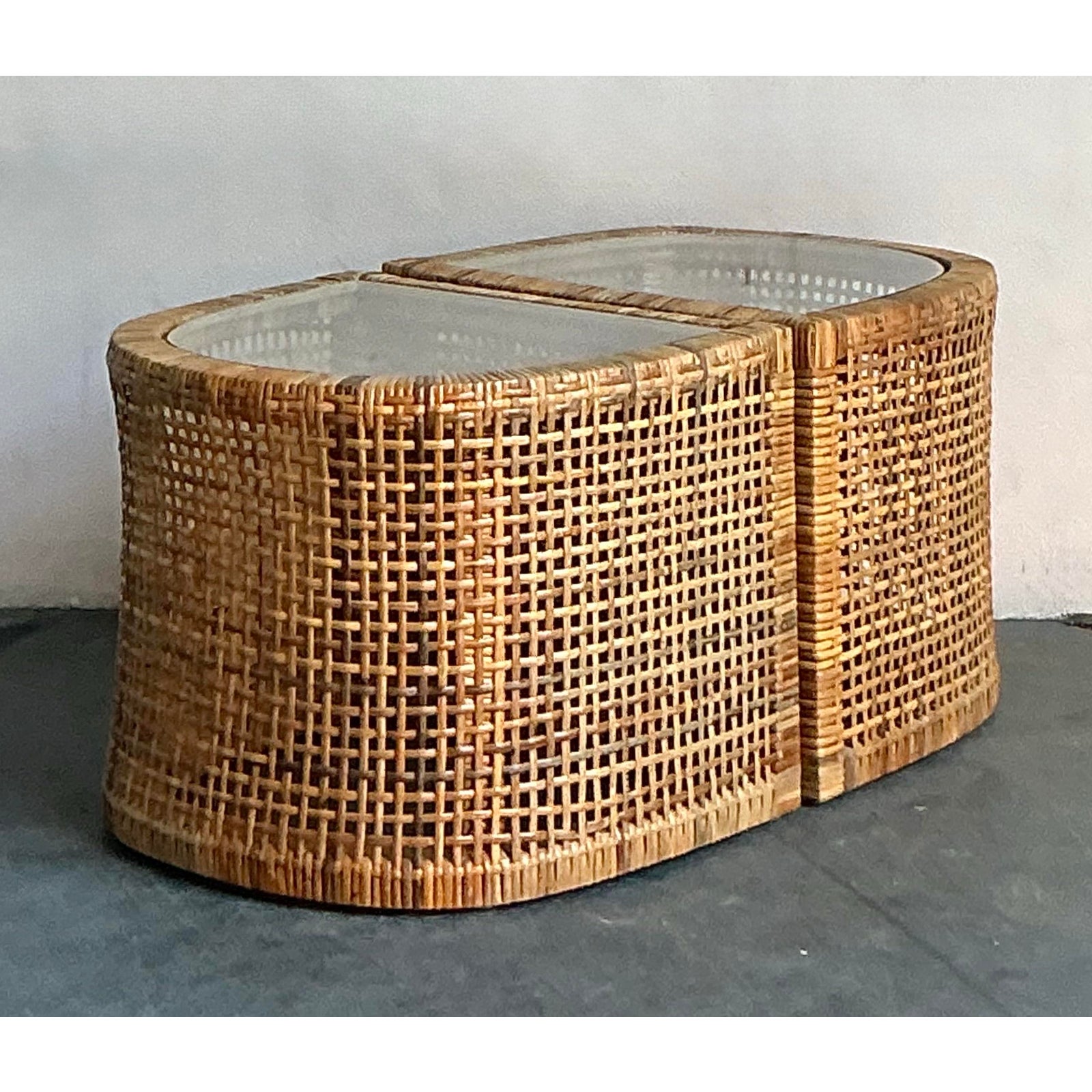 Vintage Boho Woven Rattan Side Tables - Set of 2 - Detail view
