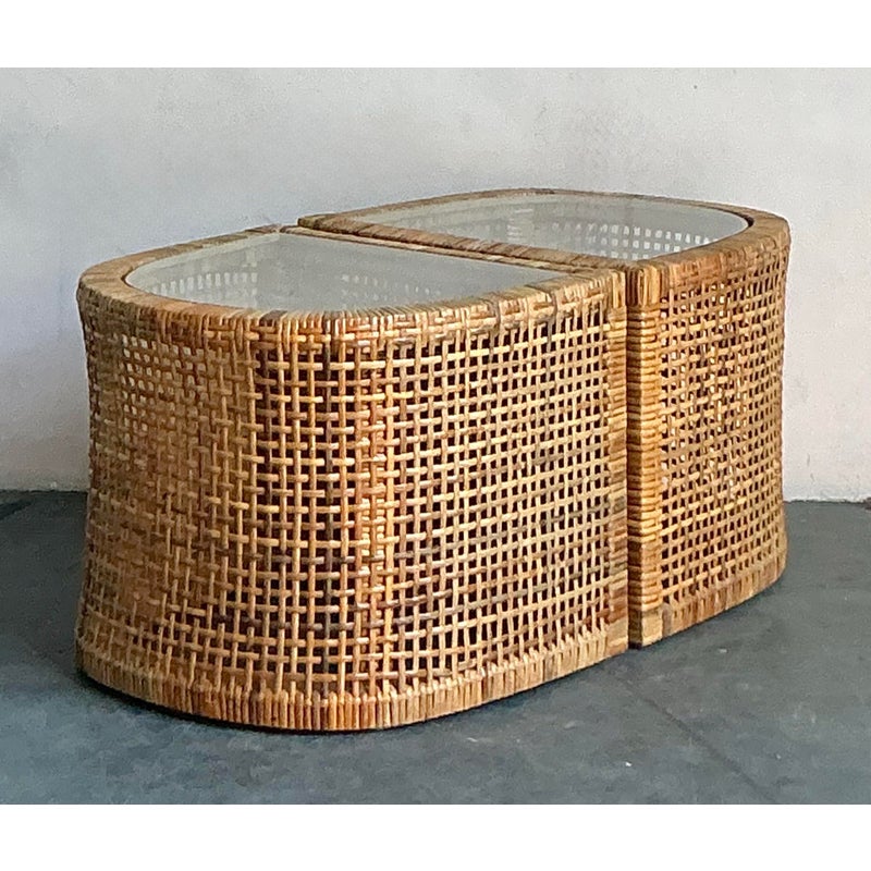Vintage Boho Woven Rattan Side Tables - Set of 2 - Side view