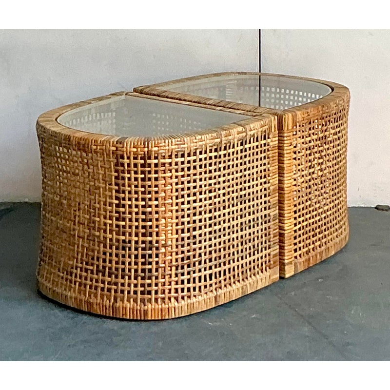 Vintage Boho Woven Rattan Side Tables - Set of 2 - Back view
