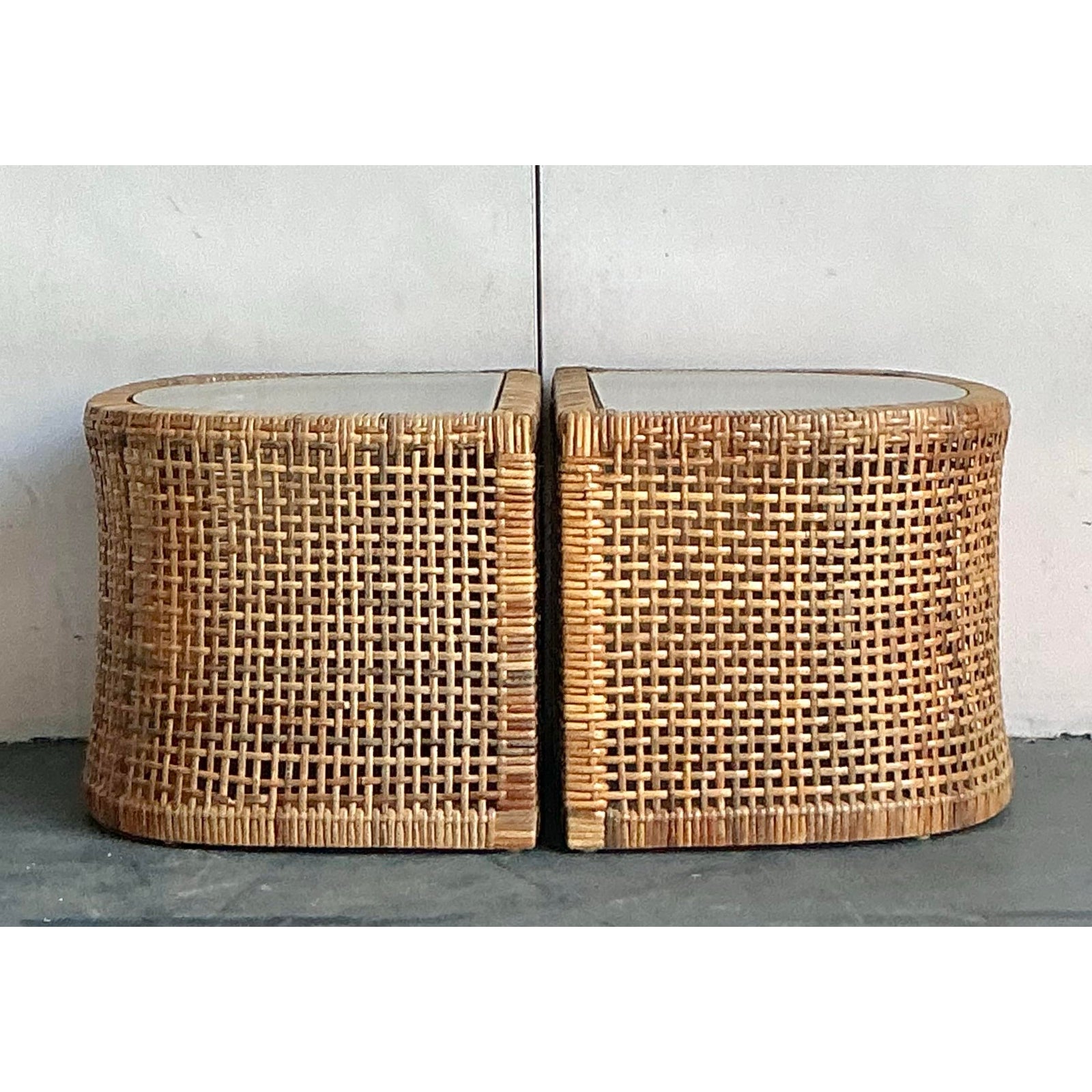 Vintage Boho Woven Rattan Side Tables - Set of 2 - Top view