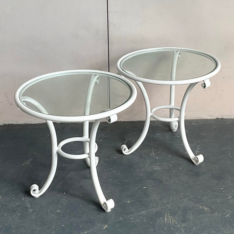 Vintage Regency Cast Aluminum Outdoor Scroll Side Tables - A Pair - Side view