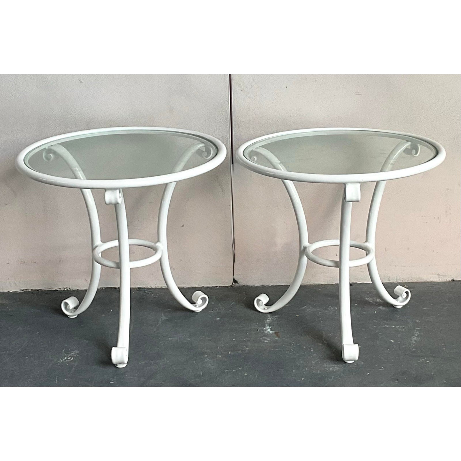 Vintage Regency Cast Aluminum Outdoor Scroll Side Tables - A Pair - Top view