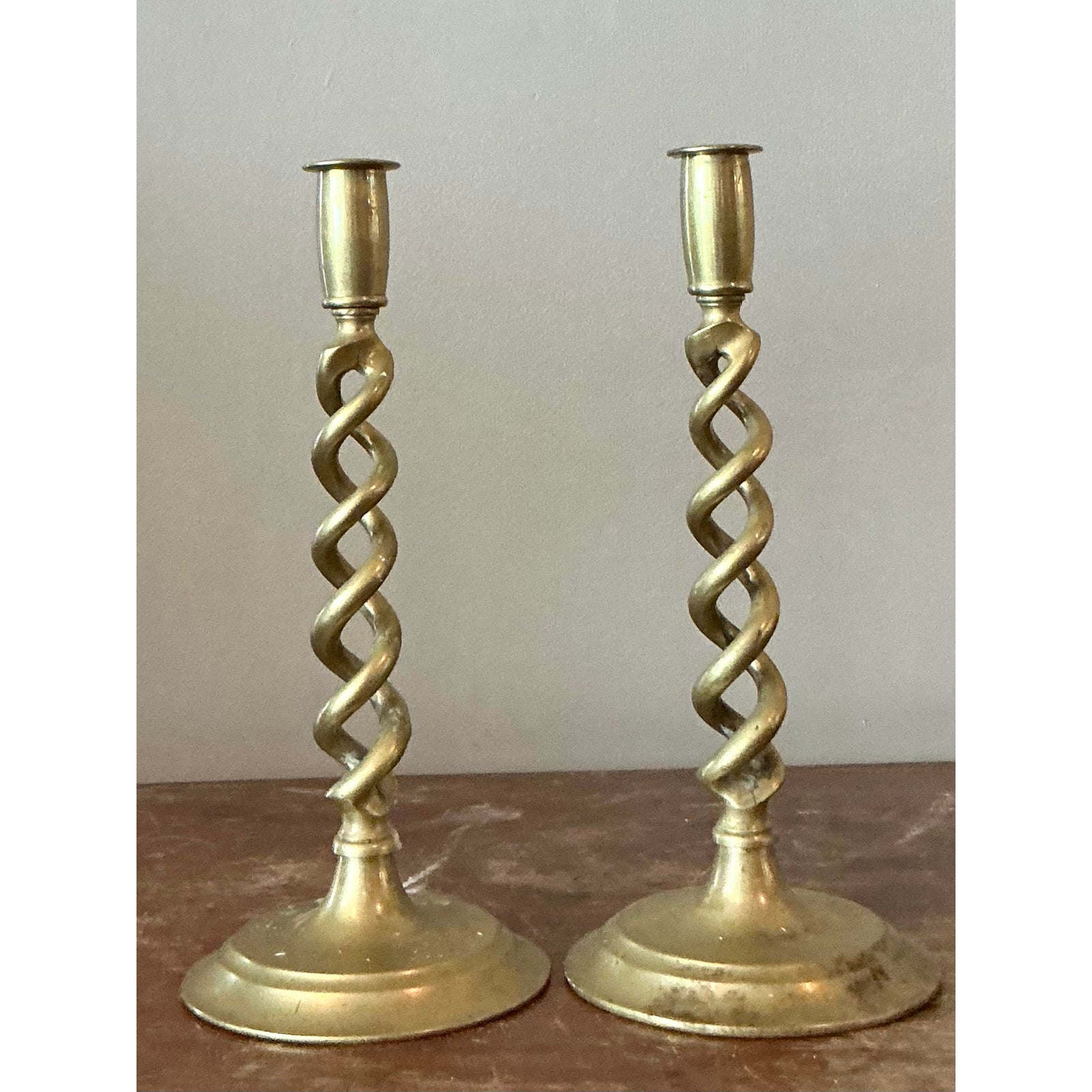 Vintage Regency Twisted Brass Candlesticks - A Pair - Detail view