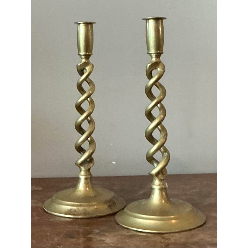 Vintage Regency Twisted Brass Candlesticks - A Pair - Side view