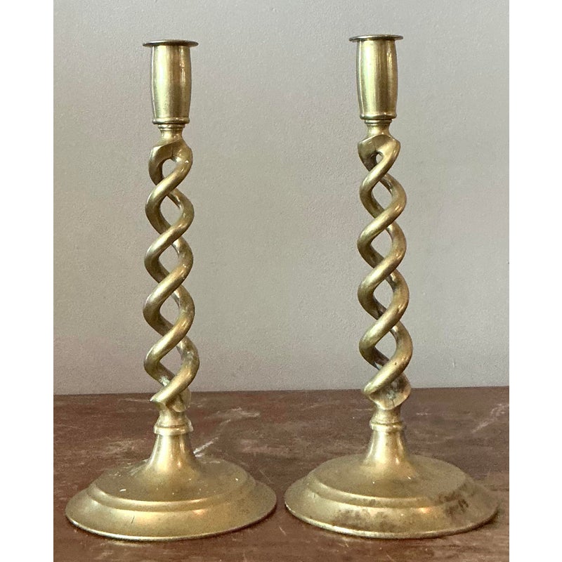 Vintage Regency Twisted Brass Candlesticks - A Pair - Top view