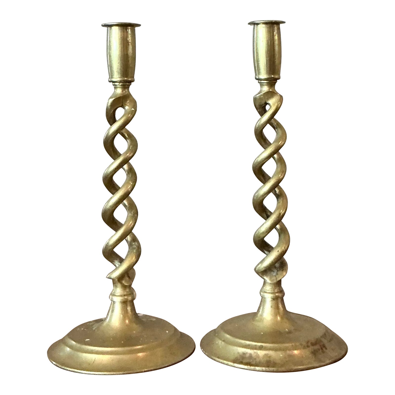 Vintage Regency Twisted Brass Candlesticks - A Pair