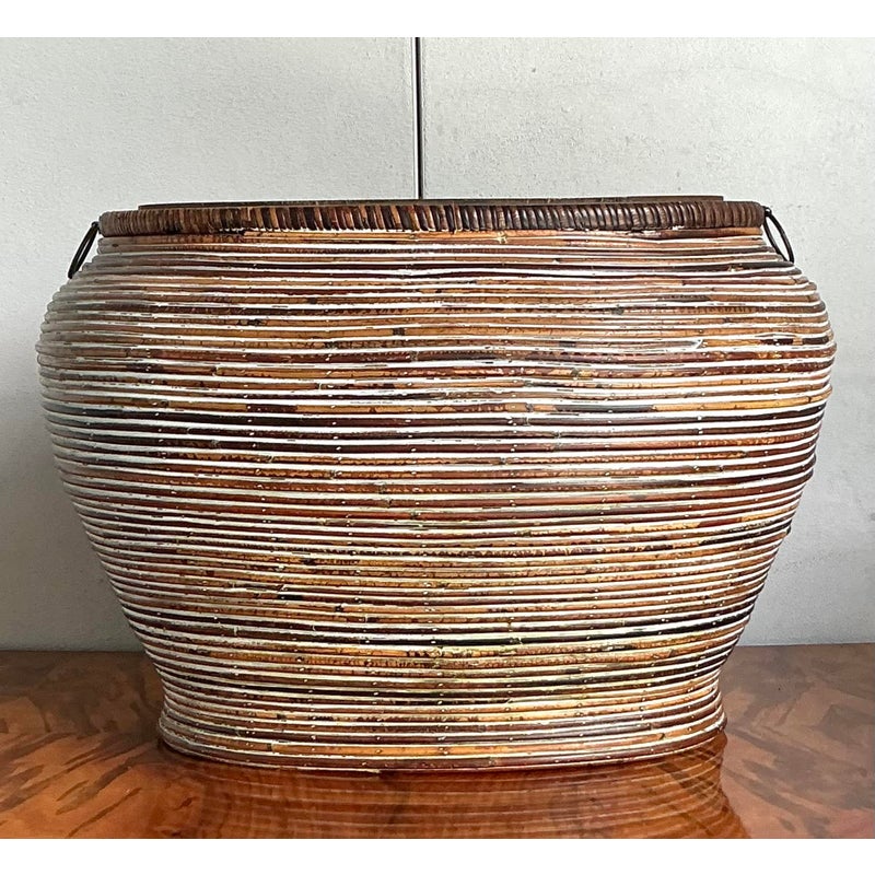Vintage Boho Monumental Pencil Reed Lidded Basket - Top view