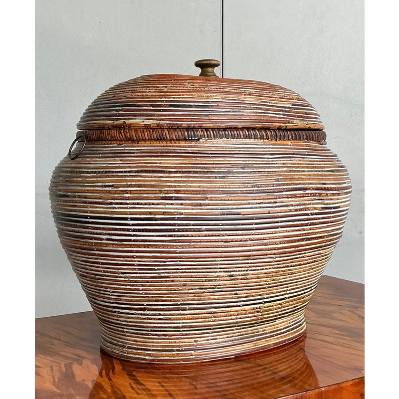 Vintage Boho Monumental Pencil Reed Lidded Basket - Back view