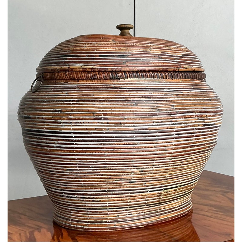 Vintage Boho Monumental Pencil Reed Lidded Basket - Side view