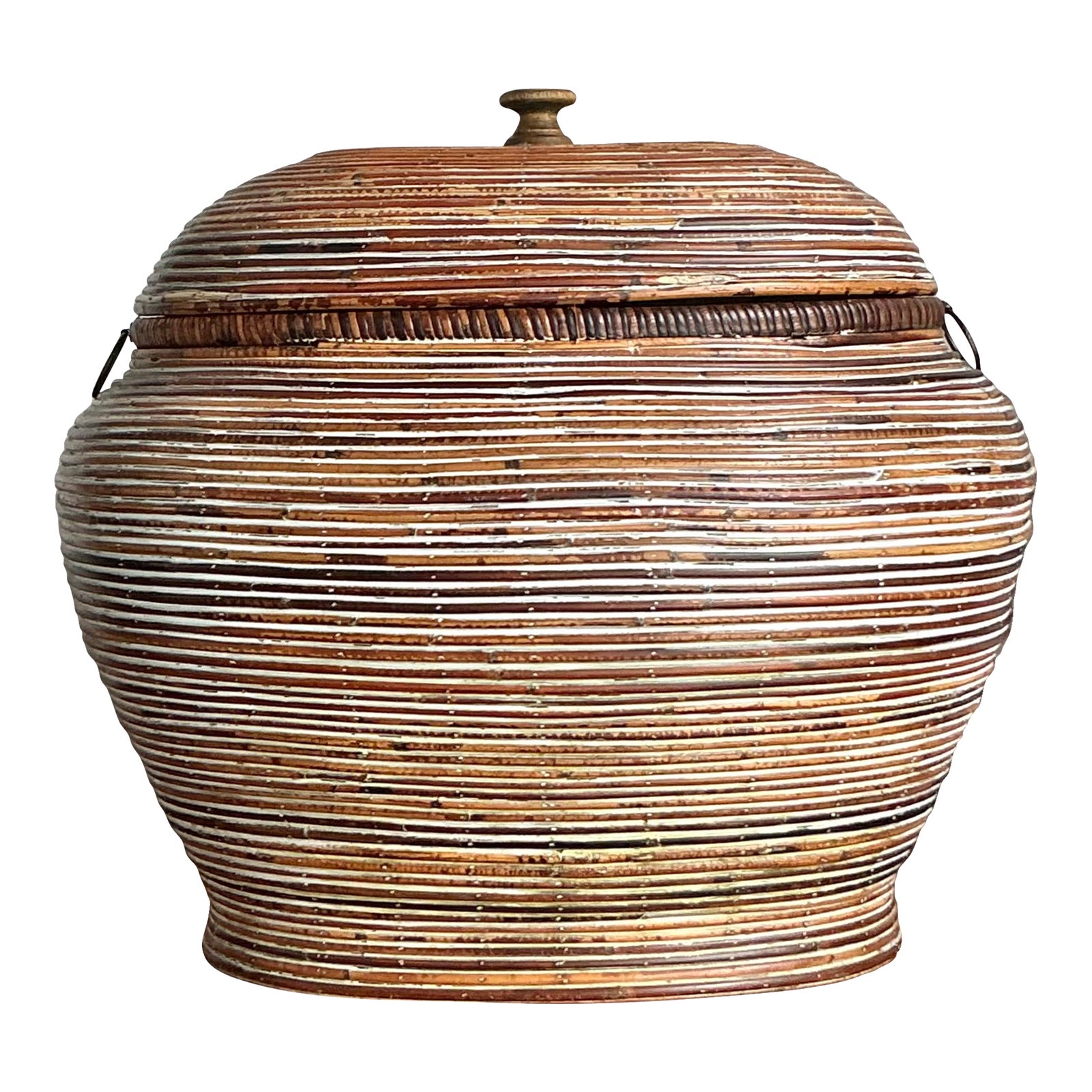 Vintage Boho Monumental Pencil Reed Lidded Basket