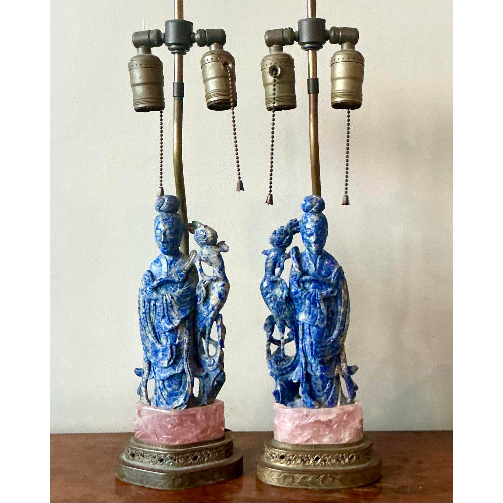 Vintage Regency Lapis Lazuli and Rose Quartz Figural Lamps - Set of 2 - Side view